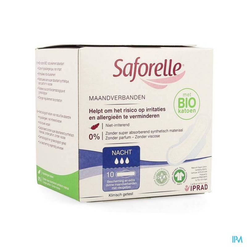 Saforelle Coton BIO Maandverbanden Nacht 10 Stuks