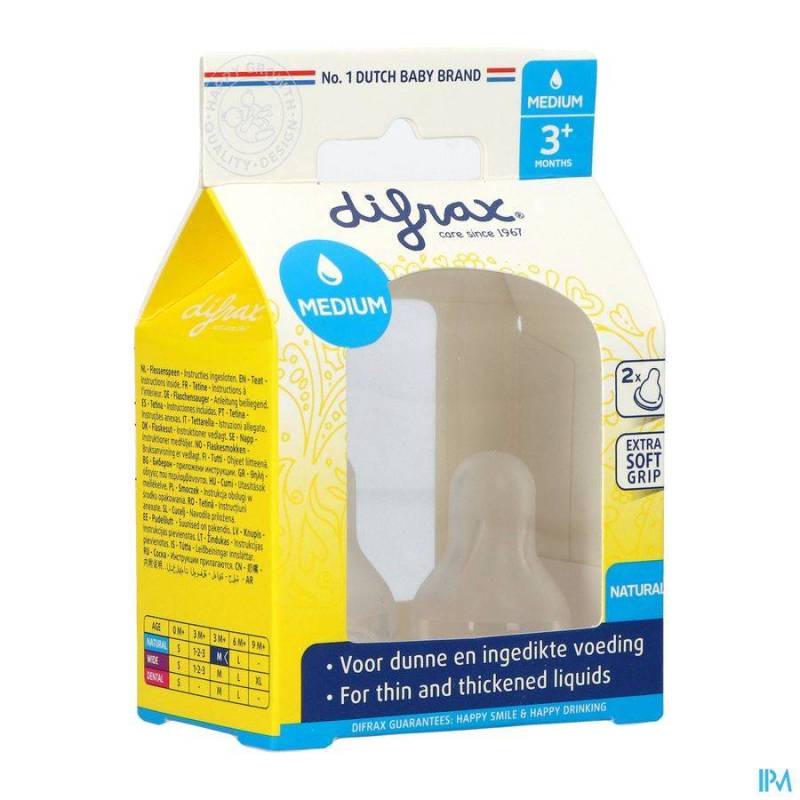 Difrax Flessenspeen Natural 3M+ - Medium 2 Stuks