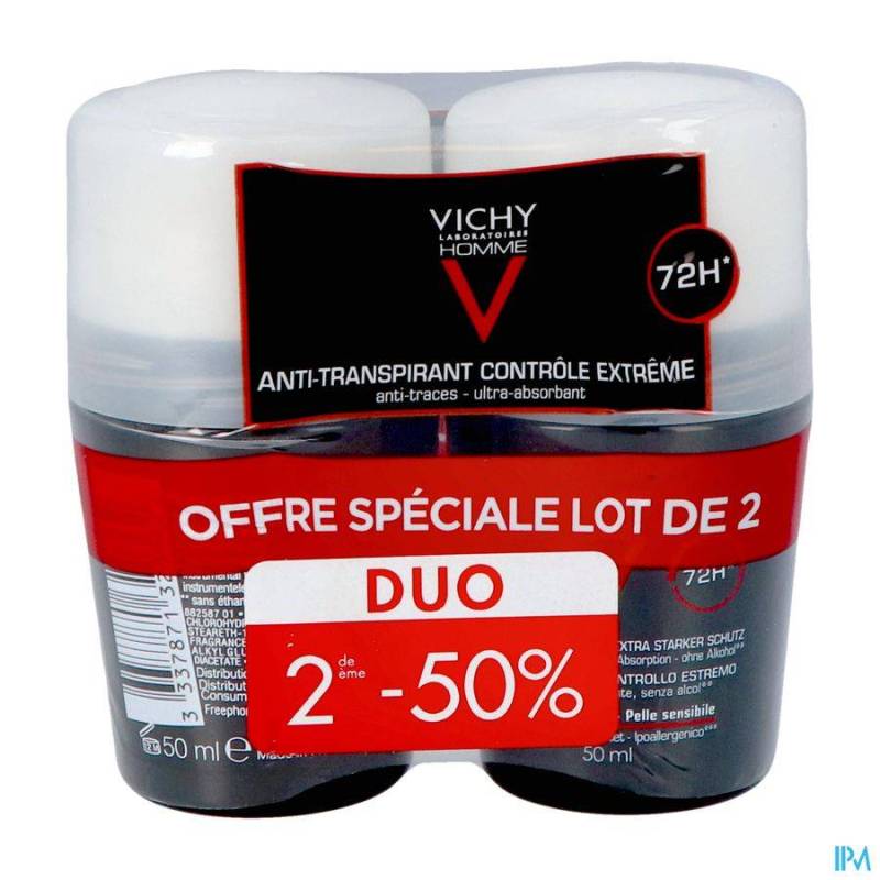 Vichy Homme Deodorant Roller 72y (hevig zweten) | Duo 2x50ml