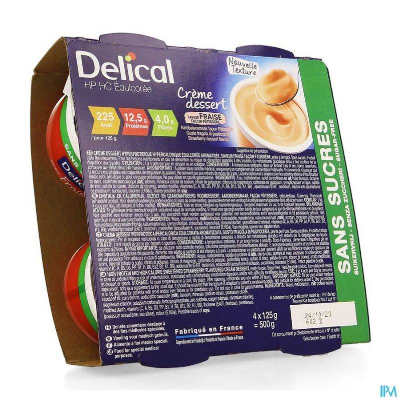 Delical HP-HC Dessertcrème Zonder Suiker Aardbei 4x124g